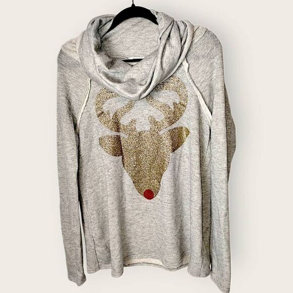 12pm By Mon Ami Womens Tee Sz M Unisex Cowl Neck Grey Gold Sparkle Reindeer Xmas - Picture 7 of 9